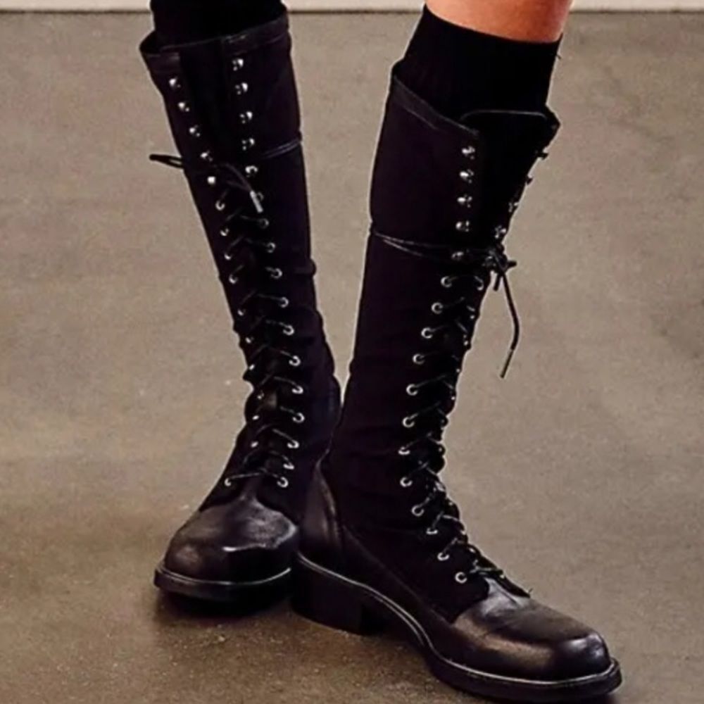 Free People Trickum Black Leather Mesh Knit Zip Tall Boots size 39 - Picture 4 of 15